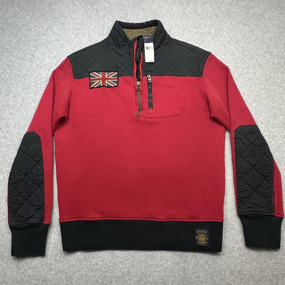 Vintage Polo Ralph Lauren Sweatshirt Medium Red Black Quilted 1/2 Zip Union Jack